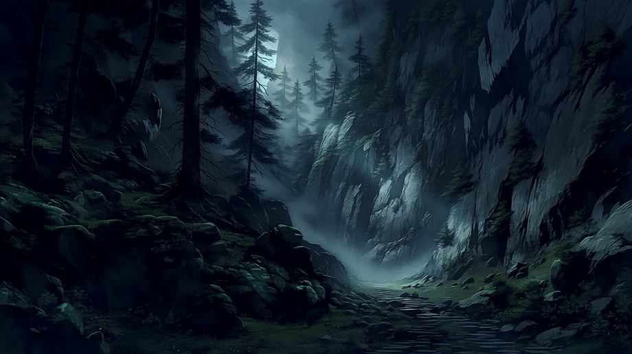 Soulsmith scene art: a dark forest ravine